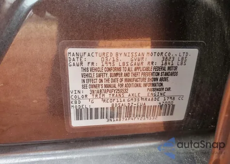 2015 Nissan Sentra Sv z USA, uszkodzony, nr VIN 3N1AB7AP4FY259532